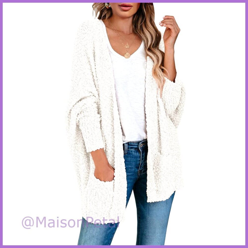 Chunky Popcorn Cardigan Oversized Open Front Batwing Sleeve Fuzzy Knit Sweater